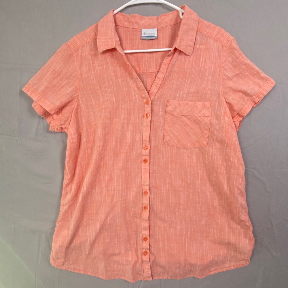 Columbia Sportswear Women XL Peach Cotton Short Sleeve Button Up Shirt Hiking